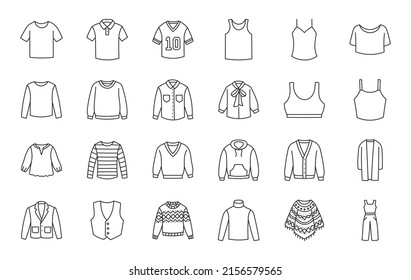 Clothes top doodle illustration including icons - sweater, jacket, polo shirt, sweatshirt, hoodie, pullover, suit, longsleeve sportswear, vest, blouse. Thin line art about apparel. Editable Stroke