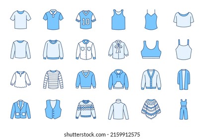 Ilustración del doodle superior de la ropa, incluyendo íconos - suéter deportivo, chaqueta, camisa, sudadera, capucha, pullover, traje, chaleco, chaleco, blusa. Arte de líneas delgadas sobre ropa. Trazo editable en color azul