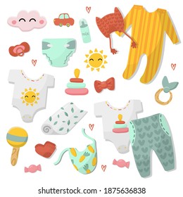 Clothes, toys and items for the care of young children. Slips, overalls, pants, accessories. Pyramids, bottles, cars. Cute clothes and toys. Vector illustration