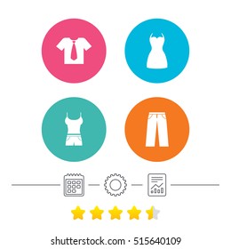 Clothes T-shirt with business tie and pants signs. Women dress symbol. Calendar, cogwheel and report linear icons. Star vote ranking. Vector