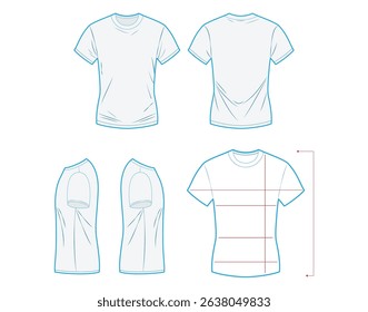 Clothes or T-Shirt Measurement Guide Template – Front, Back, Side Views with Sizing Lines for Online Shopping
