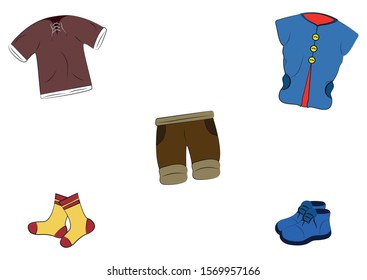 Clothes. T-shirt, waistcoat, stockings, sneakers, shorts