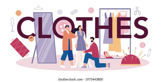 Clothes typographic header. Professional tailor sewing or fitting. Fashion designer working on power sewing machine and taking measurements. Vector flat illustration