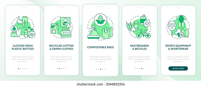 Clothes from upcycled materials onboarding mobile app page screen. Trash recycling walkthrough 5 steps graphic instructions with concepts. UI, UX, GUI vector template with linear color illustrations