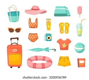 Clothes for vacation cartoon illustration set. Hat, sunglasses, swimsuit, ball, umbrella, flip-flops, suitcase, sunscreen and ice-cream isolated on white background Luggage, travel equipment concept