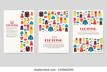 Clothes vector brochure cards set. Print art template of flyear, magazines, posters, book cover, banners. Colorful design invitation concept background. Layout shop illustrations modern 