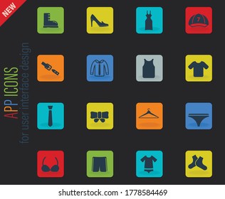 Iconos web de color vectorial de la ropa en el fondo oscuro para el diseño de la interfaz de usuario