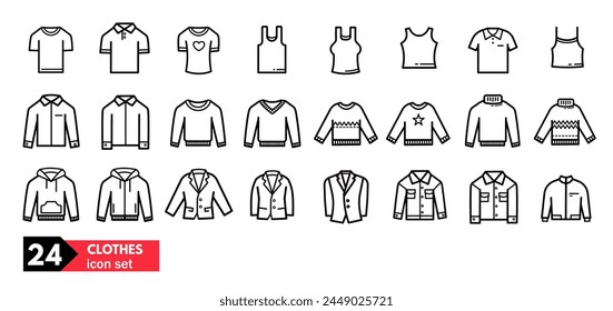 Clothes - vector icon set, shirt, undershirt, blazer, shirt, polo, jacket, sweater, turtleneck sweater	