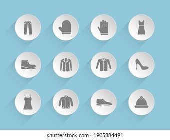 clothes vector icons on round puffy paper circles with transparent shadows on blue background. Stock vector icons for web, mobile and user interface design