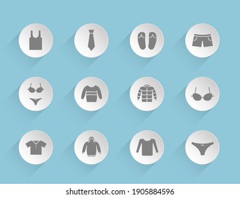 clothes vector icons on round puffy paper circles with transparent shadows on blue background. Stock vector icons for web, mobile and user interface design