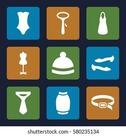 Clothes vector icons. Set of 9 Clothes filled icons such as mannequin, shoe, dress, swimsuit, tie, skirt, winter hat