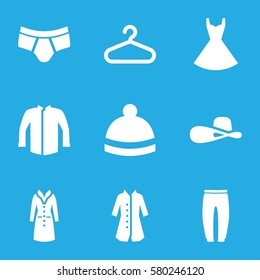 Clothes vector icons. Set of 9 Clothes filled icons such as hanger, man underwear, underpants, jacket, dress, woman hat, winter hat