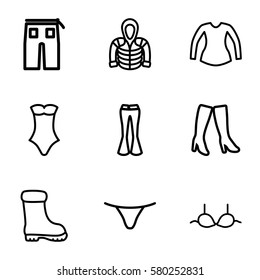 Clothes vector icons. Set of 9 Clothes outline icons such as woman boots, boot, female underwear, bra, blouse, swimsuit, pants, woman pants