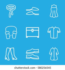 Clothes vector icons. Set of 9 Clothes outline icons such as chest, slippers, woman boots, jacket, tie, skirt, mittens