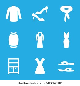 Clothes vector icons. Set of 9 Clothes filled icons such as wardrobe, slippers, shoe, sweater, tie, skirt, dress