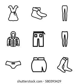 Clothes vector icons. Set of 9 Clothes outline icons such as socks, female underwear, underpants, pants, woman pants, skirt, dress