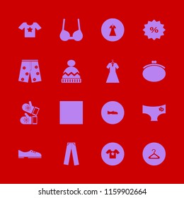 clothes vector icons set. with hanger, evening dress, trousers and purse in set