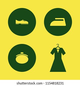 clothes vector icons set. with iron, purse, men shoes and evening dress in set