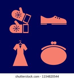 clothes vector icons set. with mittens, purse, men shoes and evening dress in set