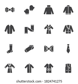 Clothes vector icons set, modern solid symbol collection, filled style pictogram pack. Signs, logo illustration. Set includes icons as winter gloves, sweater, jacket, coat, dress, scarf, necktie, sock