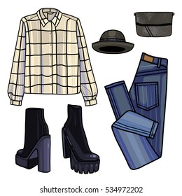 Clothes vector illustration, blouse, sweater, jeans, trousers, shoes, hat, bag, fashion