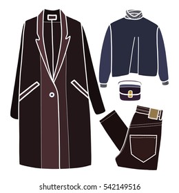 Clothes vector illustration, coat, jeans, trousers, sweater, bag 