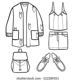 Clothes vector illustration, coat, sweater, shirt, shoes, skirt, bag, lines