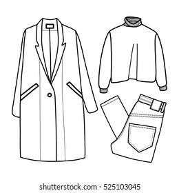 Clothes vector illustration, coat, sweater, jeans, trousers, jacket