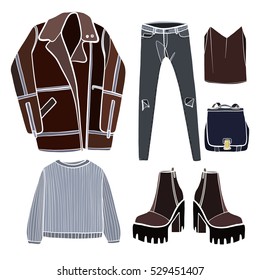 Clothes vector illustration, coat, sweater, trousers, jeans, bag, shoes