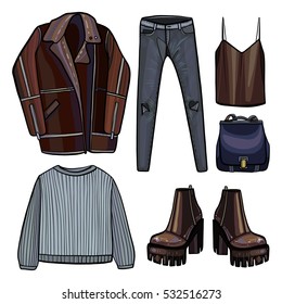 Clothes vector illustration, coat, sweater, shirt, trousers, jeans, shoes, bag, blouse, jacket 