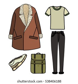 Clothes vector illustration, modern, coat, jeans, trousers, bag, shirt, sneakers