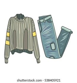 Clothes vector illustration, modern, sweater, jeans, trousers
