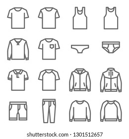 Clothes Vector Line Icon Set. Contains such Icons as Underwear, T-shirt, Coat, Jacket, Pants and more. Expanded Stroke