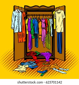 Clothes in a wardrobe comic book pop art retro style vector illustration