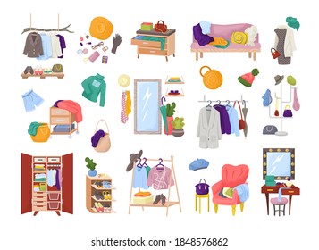 Clothes in wardrobe room, closet of fashion dress, set of isolated vector illustrations. Furniture with modern wear, shirts, accessories. Home clothing mess or order. Home textile apparel storage.