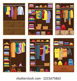 Clothes wardrobe room full of woman clothes. Set of furniture with shelves for accessories. Boutique interior design concept. Flat style vector illustration