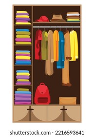 Clothes wardrobe room full of woman clothes. Furniture with shelves for accessories. Boutique interior design concept. Flat style vector illustration