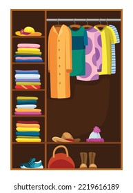 Clothes wardrobe room full of woman clothes. Furniture with shelves for accessories. Boutique interior design concept. Flat style vector illustration