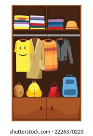 Clothes wardrobe room full of woman clothes. Furniture with shelves for accessories. Boutique interior design concept. Flat style vector illustration