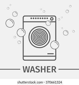 Clothes washer with bubble. Line icon.
