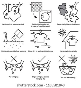 Clothes washing caution symbols, Nine icons of clothes washing guide, Solid icon of clothes washing guide and caution symbols, Gray scale of clothes washing caution symbol icons, Vector illustration 