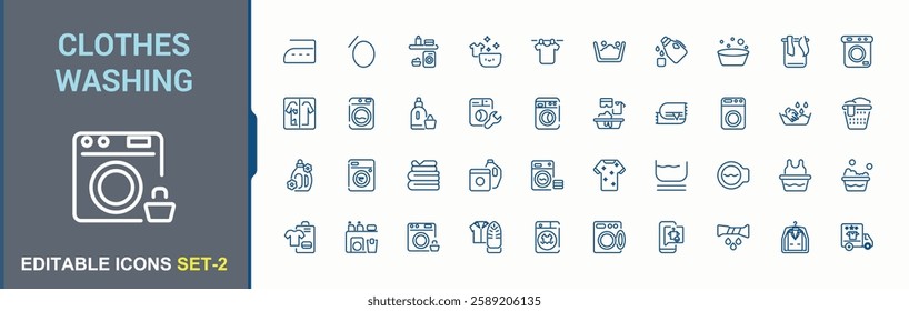 Clothes Washing vector icon set. Featuring cloth care, laundry services, laundry, clothing care, washing, garment cleaning, launderette, washables. Sign and Symbol. Minimalist editable vector stroke.