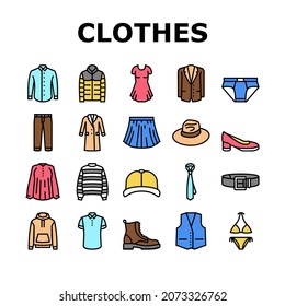 Clothes And Wearing Accessories Icons Set Vector. Suit And Dress Formalwear, Boots And Shoes, Tie And Belt, Textile Sweater And Fabric Pants Clothes Line. Male And Female Garment Color Illustrations