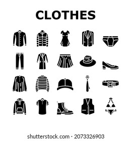 Clothes And Wearing Accessories Icons Set Vector. Suit And Dress Formalwear, Boots And Shoes, Tie Belt, Textile Sweater Fabric Pants Clothes. Male Female Garment Glyph Pictograms Black Illustrations