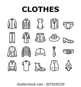 Clothes And Wearing Accessories Icons Set Vector. Suit And Dress Formalwear, Boots And Shoes, Tie And Belt, Textile Sweater And Fabric Pants Clothes. Male Female Garment Black Contour Illustrations