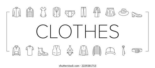 Clothes And Wearing Accessories Icons Set Vector. Suit And Dress Formalwear, Boots And Shoes, Tie And Belt, Textile Sweater And Fabric Pants Clothes. Male Female Garment Black Contour Illustrations