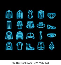Clothes And Wearing Accessories neon light sign vector. Suit And Dress Formalwear, Boots And Shoes, Tie And Belt, Textile Sweater And Fabric Pants Clothes Line. Male And Female Garment Illustrations