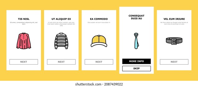Clothes And Wearing Accessories Onboarding Mobile App Page Screen Vector. Suit And Dress Formalwear, Boots And Shoes, Tie And Belt, Textile Sweater Fabric Pants. Male And Female Garment Illustrations