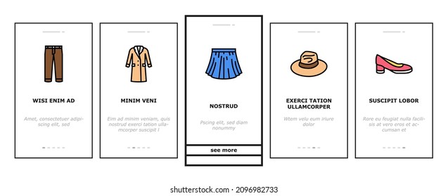 Clothes And Wearing Accessories Onboarding Mobile App Page Screen Vector. Suit And Dress Formalwear, Boots And Shoes, Tie And Belt, Textile Sweater Fabric Pants. Male And Female Garment Illustrations