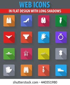 Clothes web icons in flat design with long shadows
